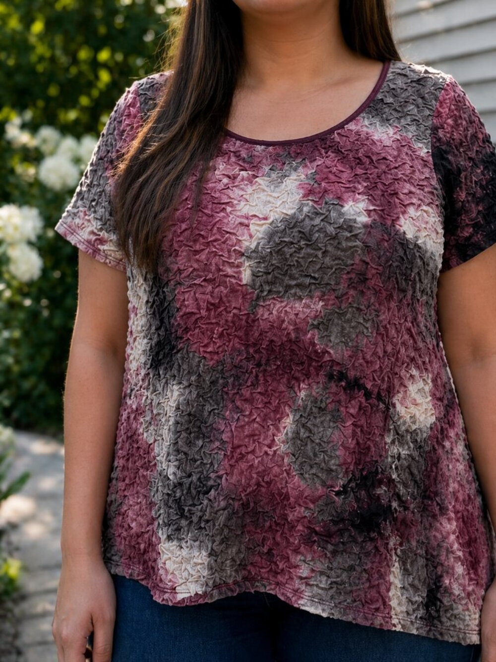 NY Collection Woman Crinkle Burnout Top Pink Brown Abstract Top 1X NEW